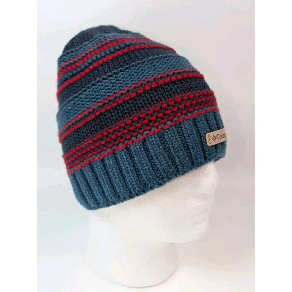 Columbia Knit Beanie Hat Blue Red Striped Fleece Lined Unisex Winter Cap